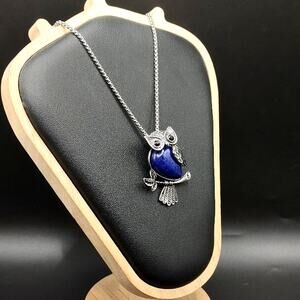 Silver Blue Dye Agate Owl Necklace Women's Boho Vtg Fashion Bird Jewelry Gift